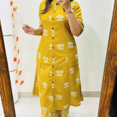 Yellow Cotton A-Line Printed Co-ord Set