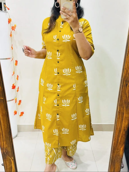 Yellow Cotton A-Line Printed Co-ord Set