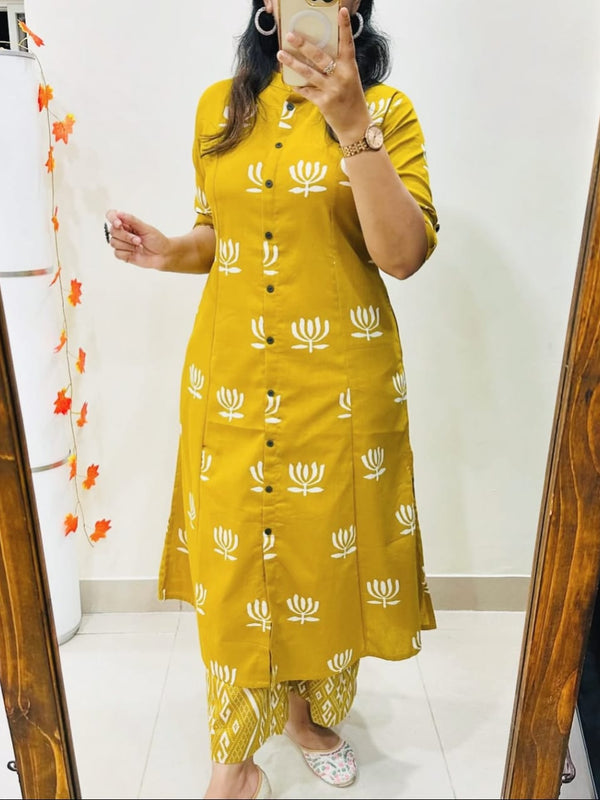 Yellow Cotton A-Line Printed Co-ord Set
