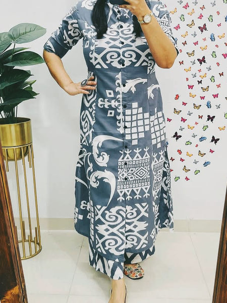 Dark Grey Cotton A-Line Printed Co-ord Set