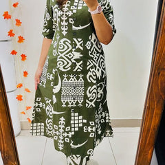 Green Cotton A-Line Printed Co-ord Set