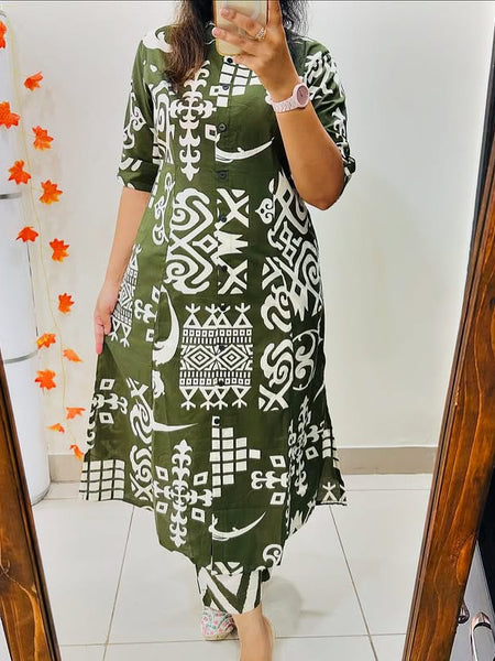 Green Cotton A-Line Printed Co-ord Set