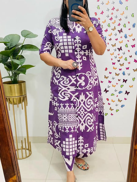 Purple Cotton A-Line Printed Co-ord Set