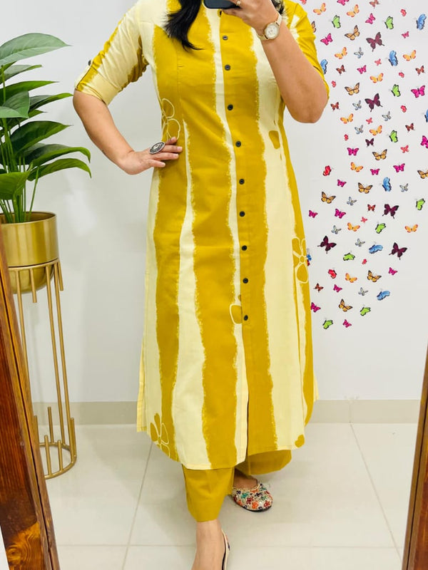 Yellow Floral Printed Cotton Kurti & Palazzo Set