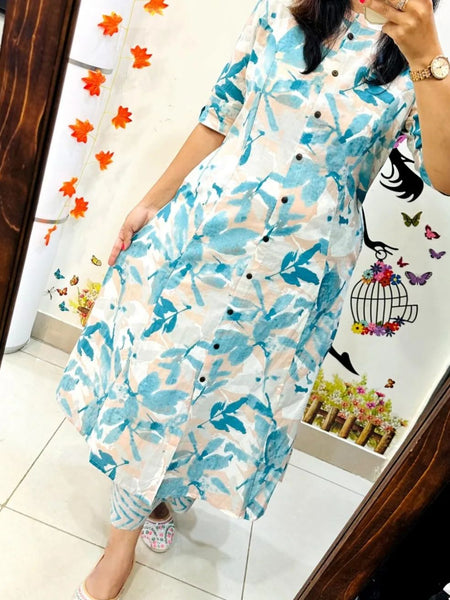 Green Printed Cotton Kurti & Palazzo Set