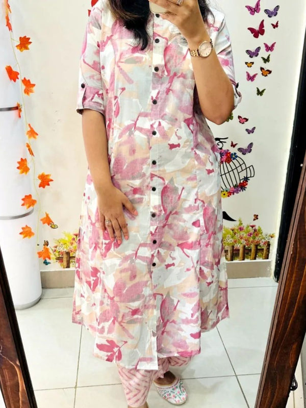 Peach Printed Cotton Kurti & Palazzo Set
