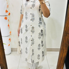 White Printed Cotton Kurti Palazzo Set