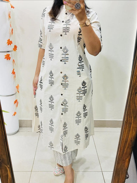 White Printed Cotton Kurti Palazzo Set