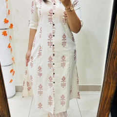 White Printed Cotton Kurti Palazzo Set