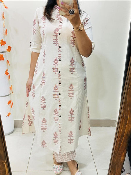 White Printed Cotton Kurti Palazzo Set
