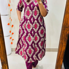 Purple Printed Cotton Kurti Palazzo Set