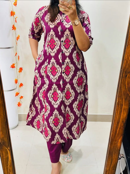 Purple Printed Cotton Kurti Palazzo Set