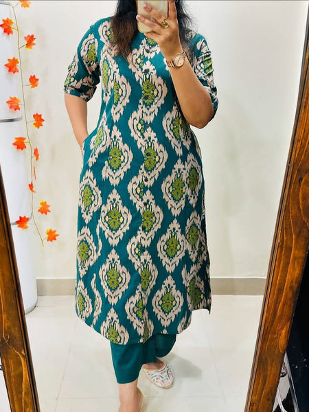 Green Printed Cotton Kurti & Palazzo Set