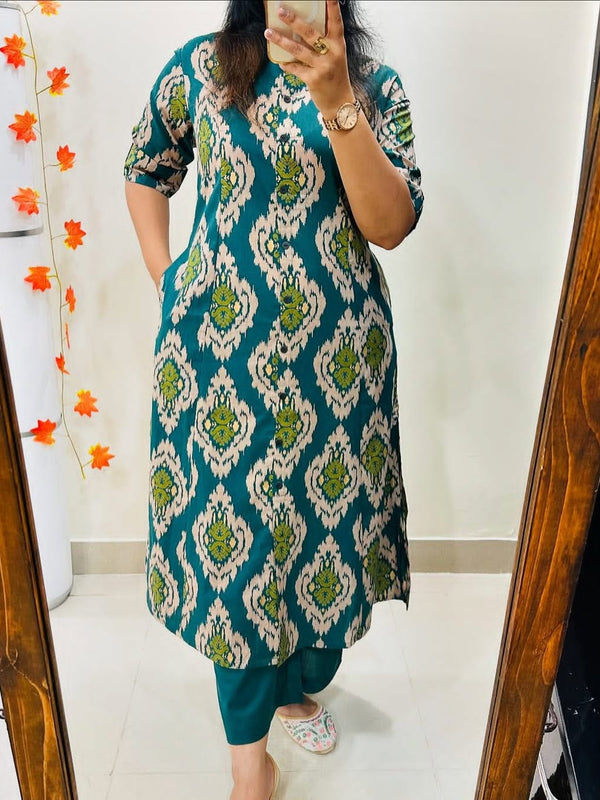 Green Printed Cotton Kurti & Palazzo Set