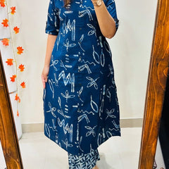 Blue Printed Cotton Kurti Palazzo Set