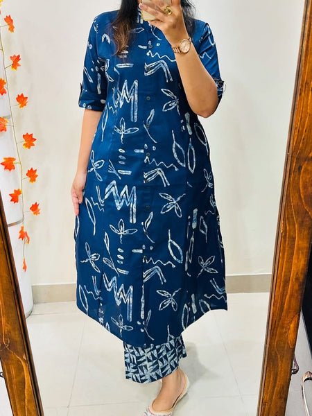 Blue Printed Cotton Kurti Palazzo Set