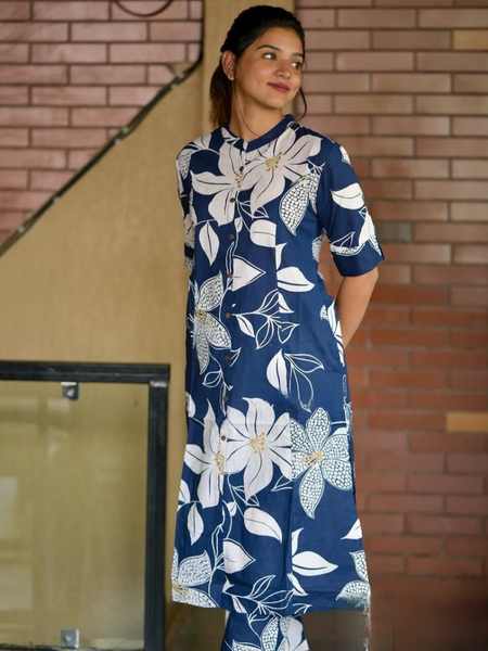 Blue Printed Cotton Kurti & Palazzo Set