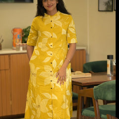 Yellow Printed Cotton Kurti Palazzo Set
