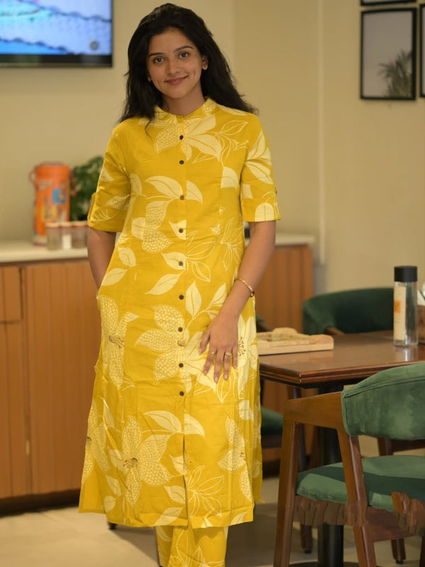 Yellow Printed Cotton Kurti Palazzo Set