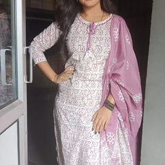 White Cotton Kurti Pant Dupatta Set for Women