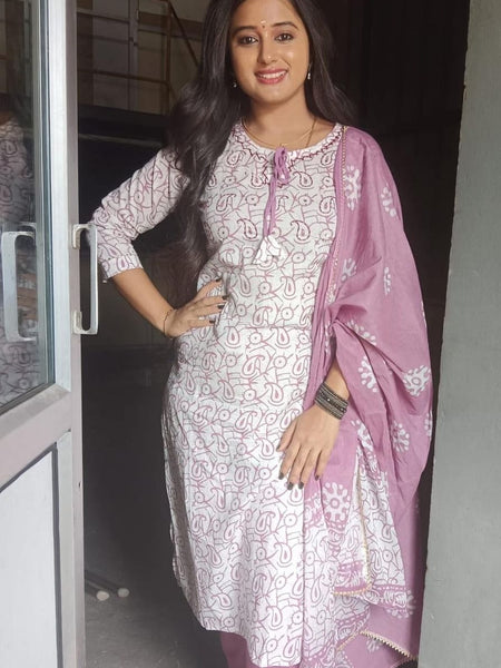 White Cotton Kurti Pant Dupatta Set for Women