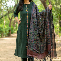 Green Khadi Cotton Kurti Pant Dupatta Set for Women