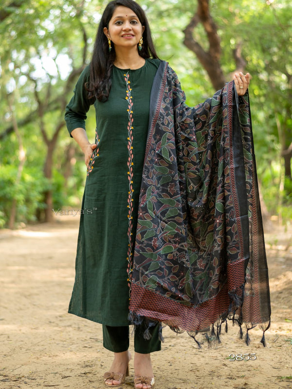 Green Khadi Cotton Kurti Pant Dupatta Set for Women