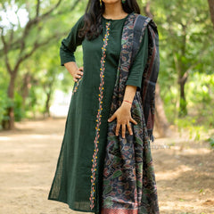 Green Khadi Cotton Kurti Pant Dupatta Set for Women