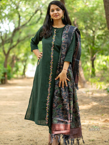 Green Khadi Cotton Kurti Pant Dupatta Set for Women