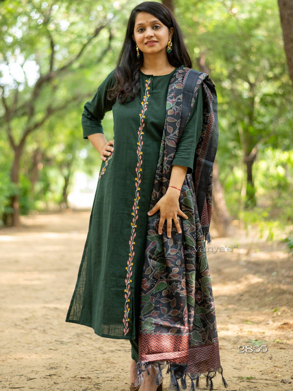 Green Khadi Cotton Kurti Pant Dupatta Set for Women