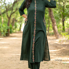 Green Khadi Cotton Kurti Pant Dupatta Set for Women