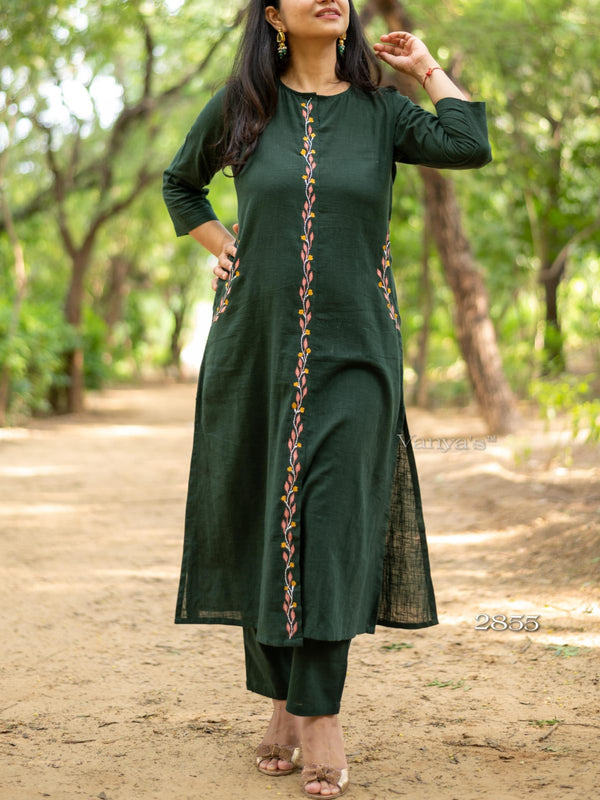 Green Khadi Cotton Kurti Pant Dupatta Set for Women