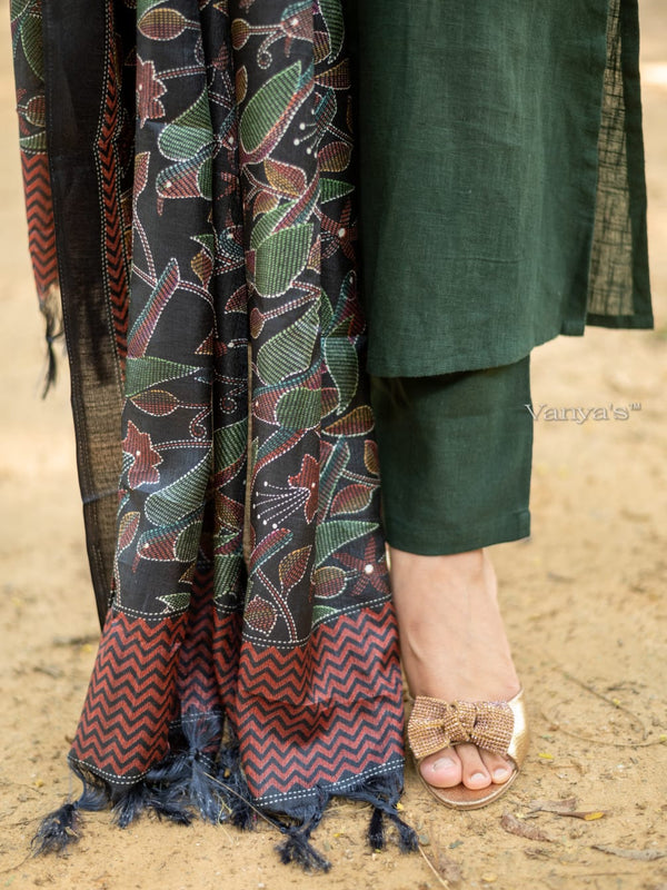 Green Khadi Cotton Kurti Pant Dupatta Set for Women