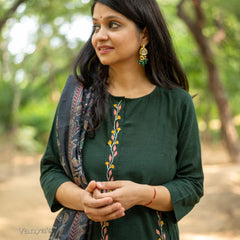 Green Khadi Cotton Kurti Pant Dupatta Set for Women