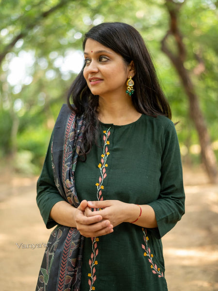 Green Khadi Cotton Kurti Pant Dupatta Set for Women