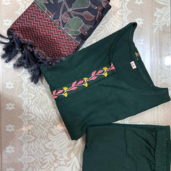 Green Khadi Cotton Kurti Pant Dupatta Set for Women