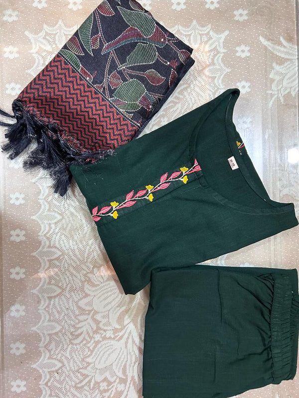 Green Khadi Cotton Kurti Pant Dupatta Set for Women