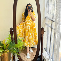 Beautiful Yellow Cotton Midi Kurti with Puff Sleeves