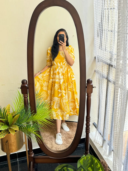 Beautiful Yellow Cotton Midi Kurti with Puff Sleeves