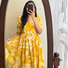 Beautiful Yellow Cotton Midi Kurti with Puff Sleeves