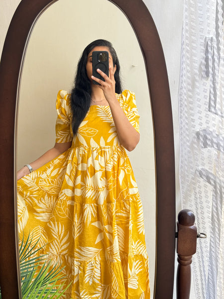 Beautiful Yellow Cotton Midi Kurti with Puff Sleeves