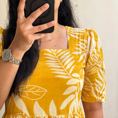 Beautiful Yellow Cotton Midi Kurti with Puff Sleeves