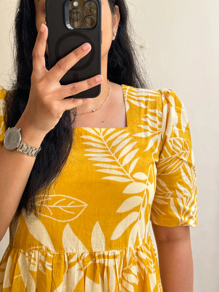 Beautiful Yellow Cotton Midi Kurti with Puff Sleeves
