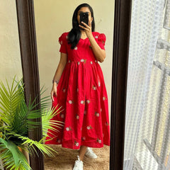 Red Embroidered Cotton Midi Kurti for Women