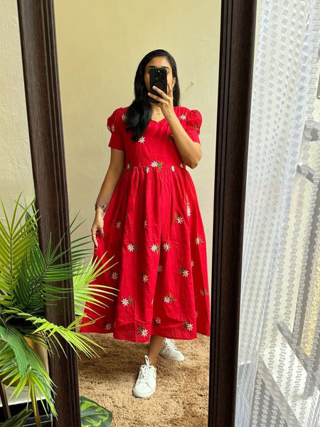Red Embroidered Cotton Midi Kurti for Women