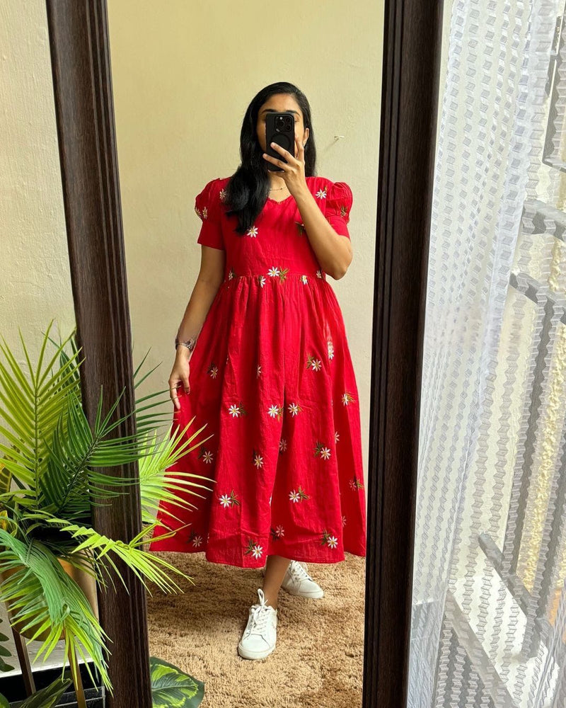Red Embroidered Cotton Midi Kurti for Women