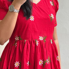 Red Embroidered Cotton Midi Kurti for Women