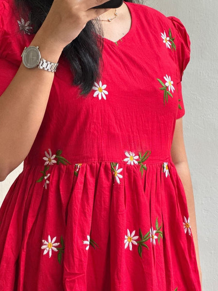 Red Embroidered Cotton Midi Kurti for Women