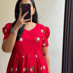 Red Embroidered Cotton Midi Kurti for Women