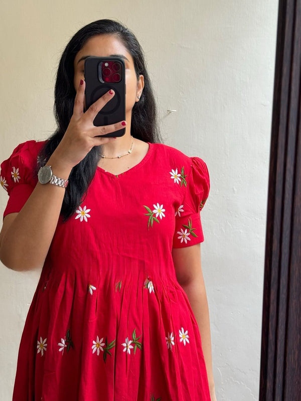 Red Embroidered Cotton Midi Kurti for Women